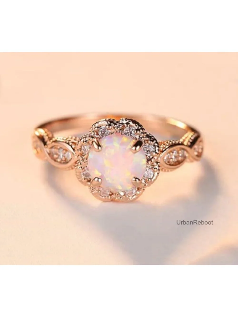 14K Gold Plated Rose Gold White Simulated Opal Ring Zirconia Wedding Engagement